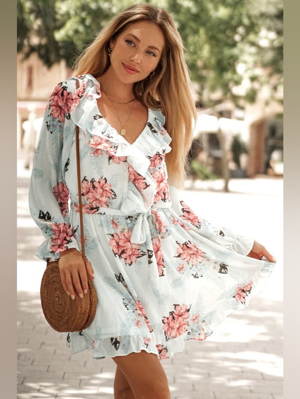 LAST ONE!  Light Blue V Neck Mini Dress With Ruffles